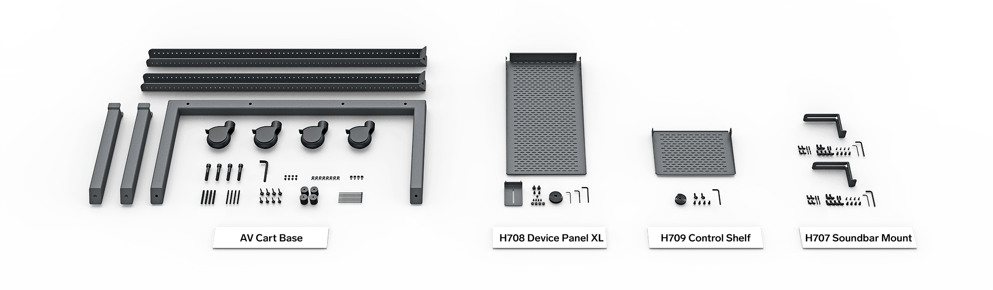 Heckler AV Cart main structure and casters Device Panel XL for Heckler AV Cart Control Shelf for Heckler AV Cart 2 X Soundbar Mount for Heckler AV Cart Assembly tools